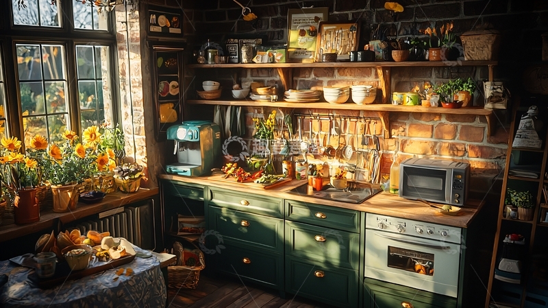 高清大图下载【趣麦麦图】阳光洒落的复古厨房一角