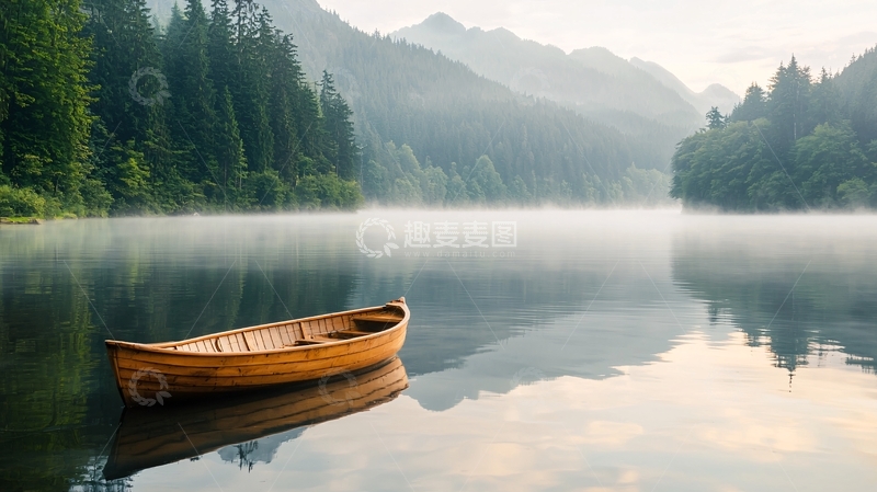 高清大图下载【趣麦麦图】平静湖面上漂浮着小船