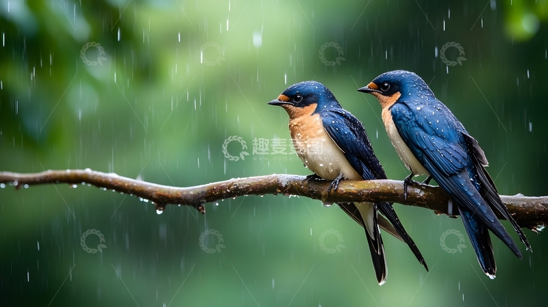 雨中树枝上双燕自然生态图