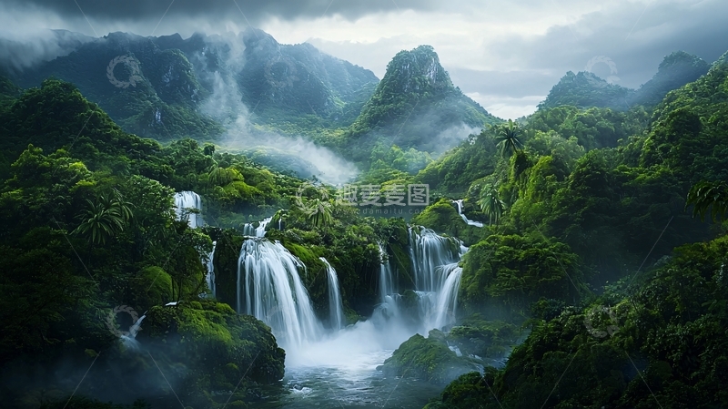 高清大图下载【趣麦麦图】热带雨林瀑布群山
