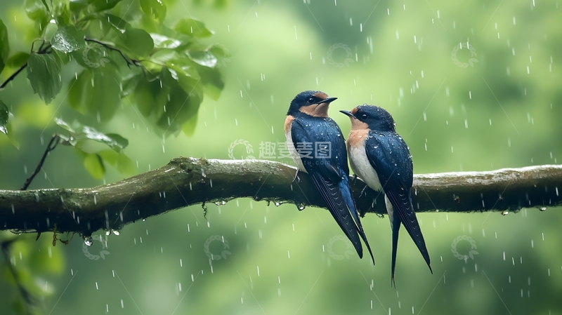 高清大图下载【趣麦麦图】春雨中双燕并栖枝头生态图