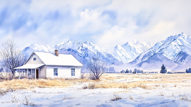 高清大图下载【趣麦麦图】雪山下的白色小屋
