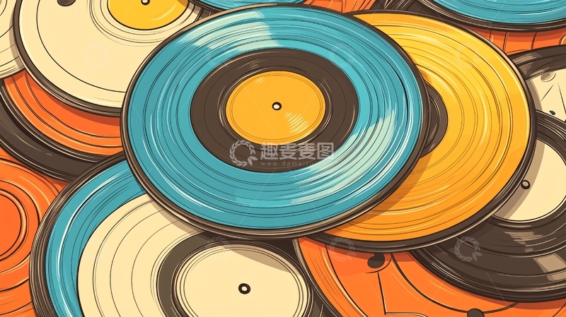 高清大图下载【趣麦麦图】彩色复古黑胶唱片堆叠