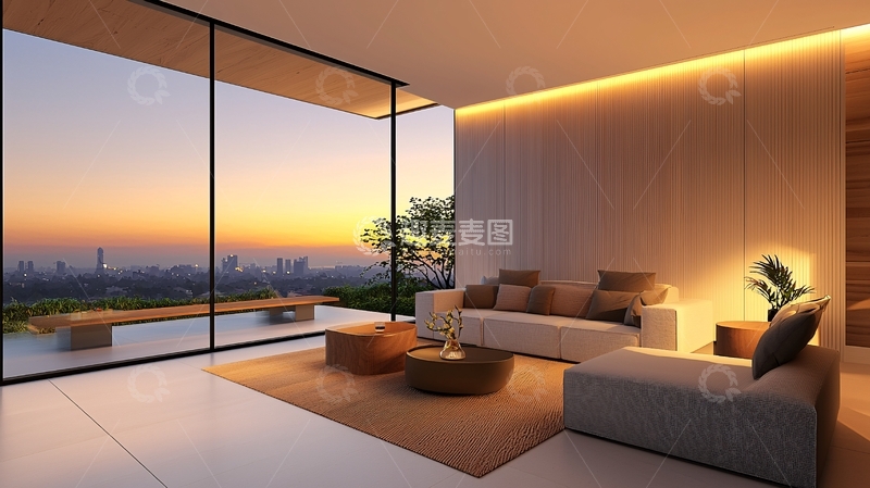 高清大图下载【趣麦麦图】落地窗旁的日落客厅