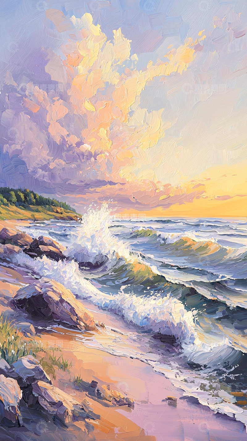 高清大图下载【趣麦麦图】海边日落油画风景
