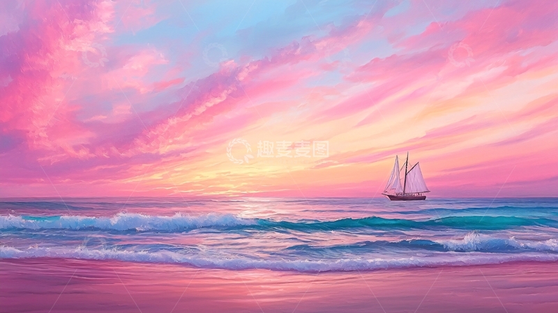 高清大图下载【趣麦麦图】粉色天空大海帆船