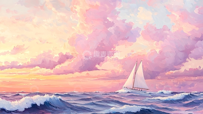 高清大图下载【趣麦麦图】粉色云彩下的帆船