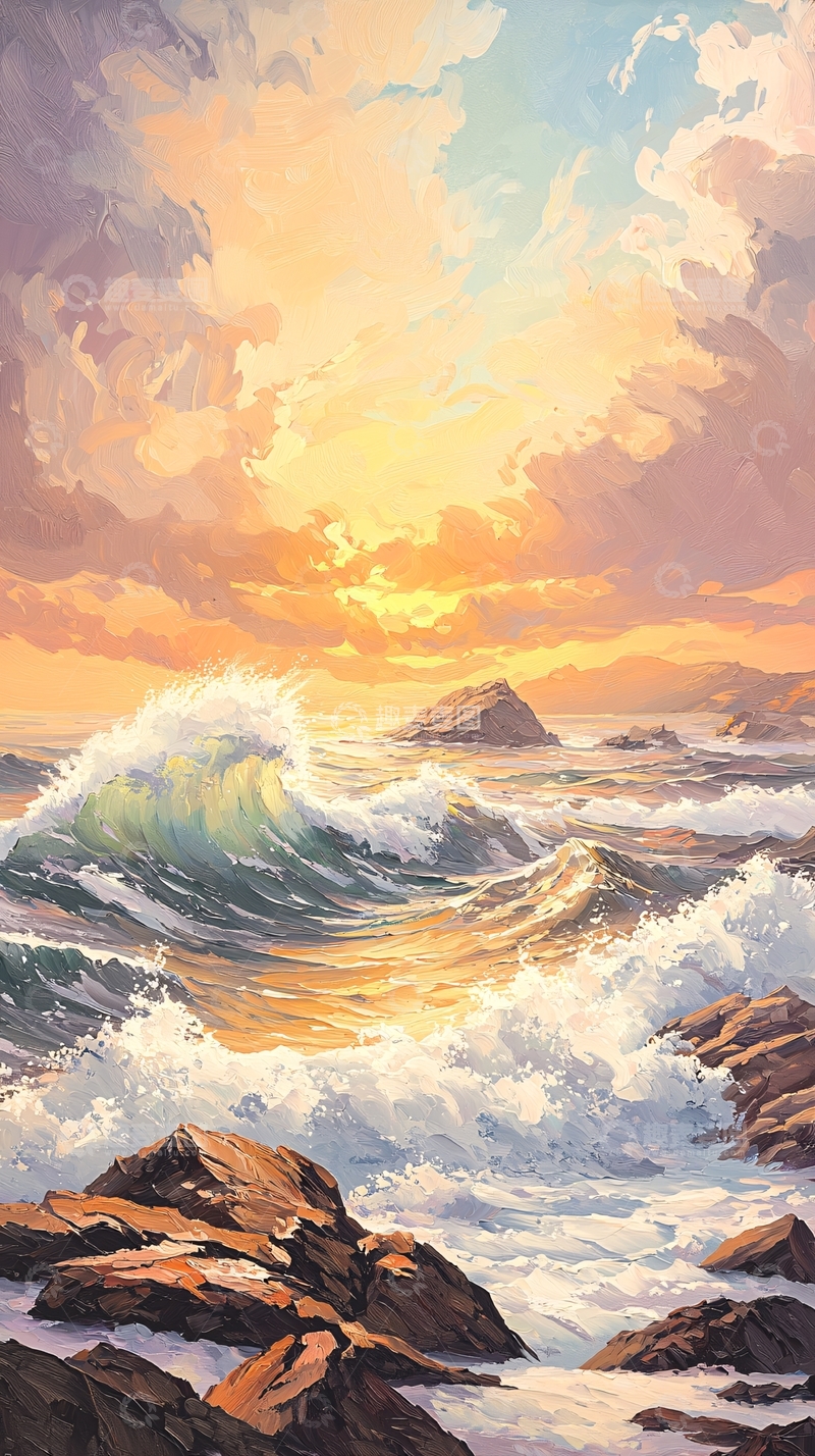 高清大图下载【趣麦麦图】波涛汹涌的海面日出