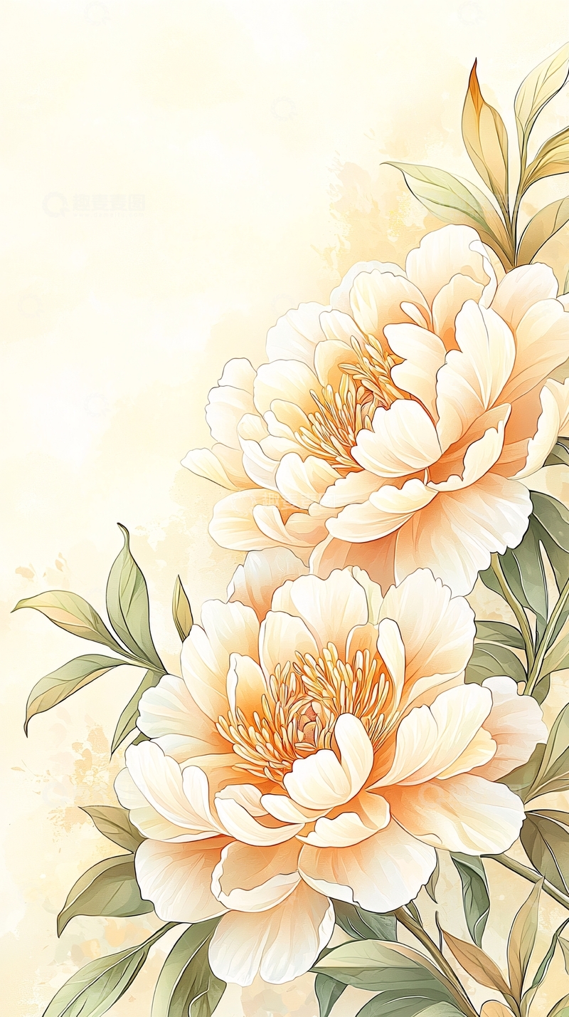 高清大图下载【趣麦麦图】淡色水彩风盛开牡丹