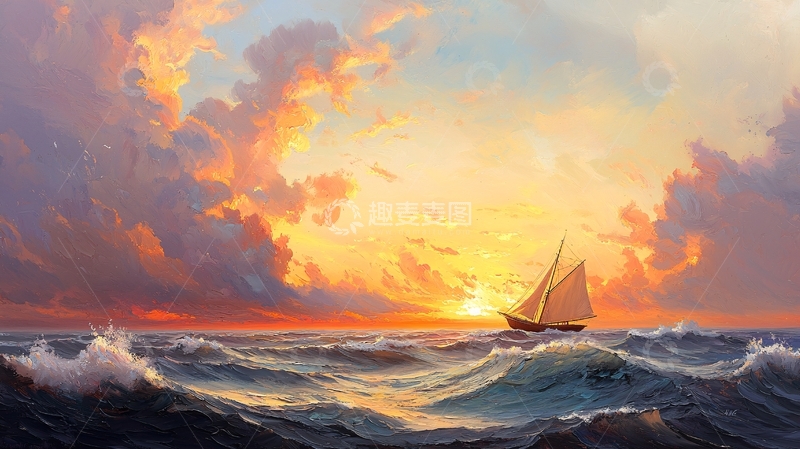 高清大图下载【趣麦麦图】金色夕阳下的帆船