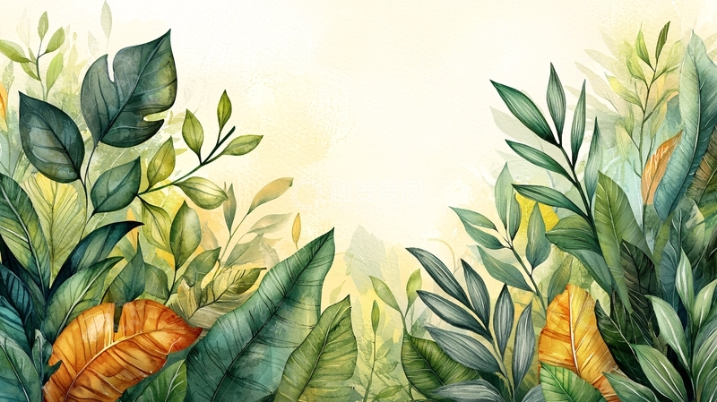 高清大图下载【趣麦麦图】水彩热带植物背景图