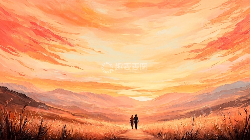高清大图下载【趣麦麦图】夕阳下田野中的情侣背影