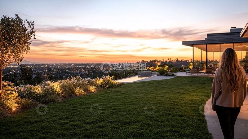 高清大图下载【趣麦麦图】日落时分的豪宅后院