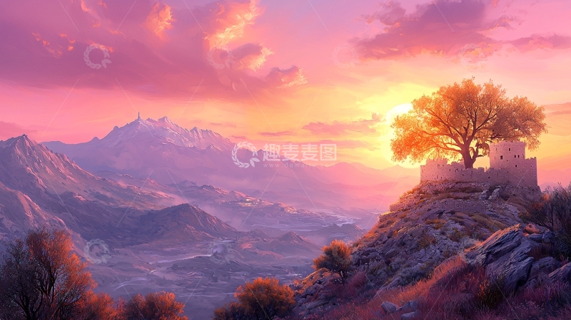 高清大图下载【趣麦麦图】粉色天空下的古堡和树