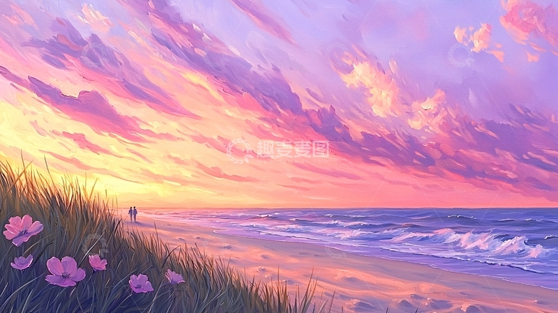 高清大图下载【趣麦麦图】海边唯美日落粉色天空