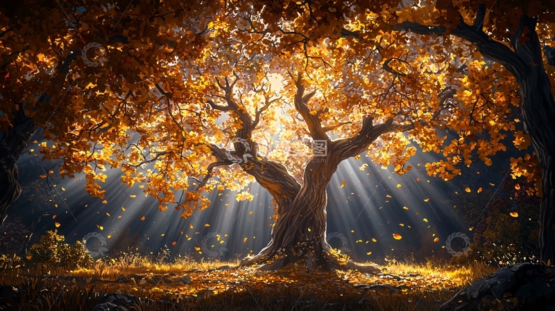 高清大图下载【趣麦麦图】金色光芒穿透树冠的树