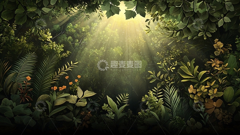 高清大图下载【趣麦麦图】光线穿透茂密树叶的森林
