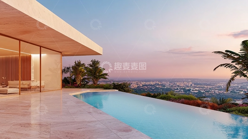 高清大图下载【趣麦麦图】豪华别墅泳池日落美景