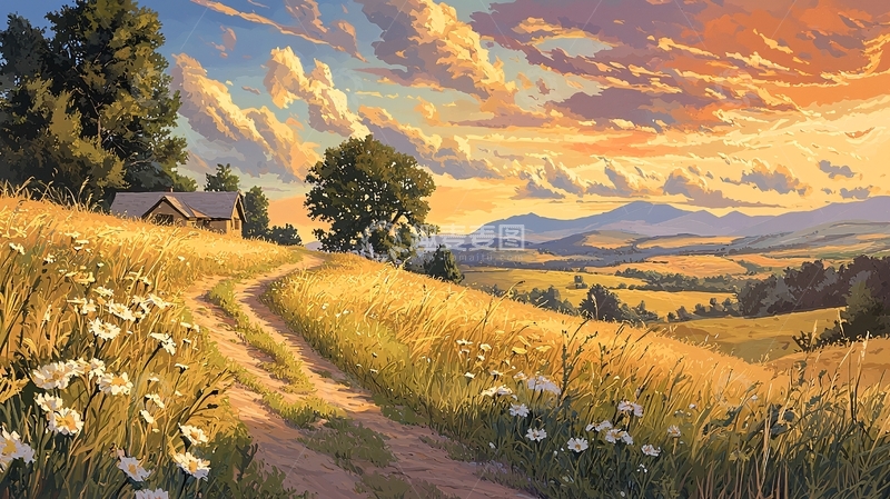 高清大图下载【趣麦麦图】麦田小路夕阳下的田园风光