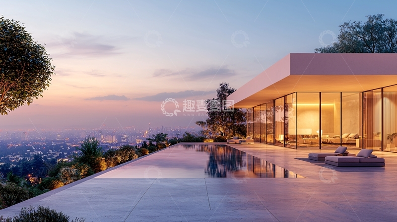 高清大图下载【趣麦麦图】现代豪宅泳池傍晚景色