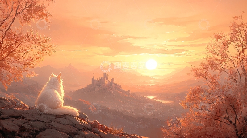 白色猫咪眺望远方日落景色