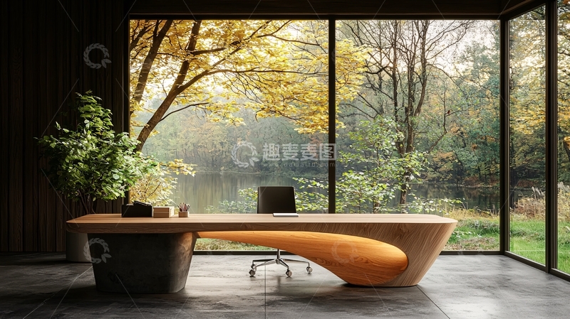 高清大图下载【趣麦麦图】现代简约书房落地窗外秋景