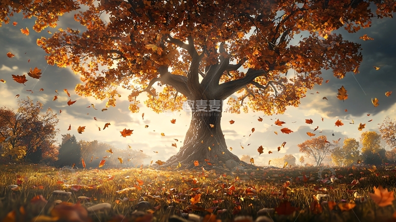 高清大图下载【趣麦麦图】秋日落叶大树