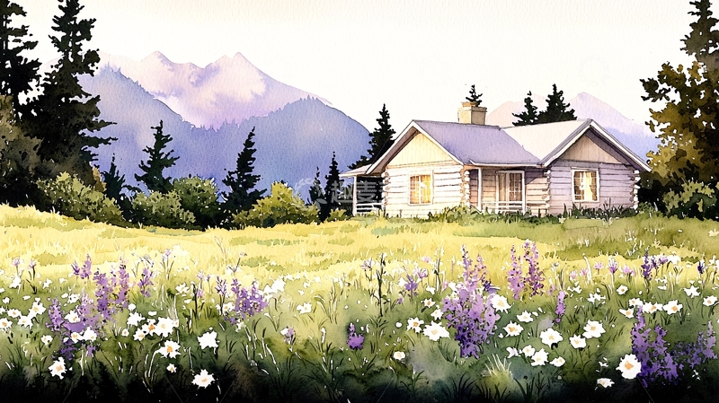 高清大图下载【趣麦麦图】田园小屋山景水彩画
