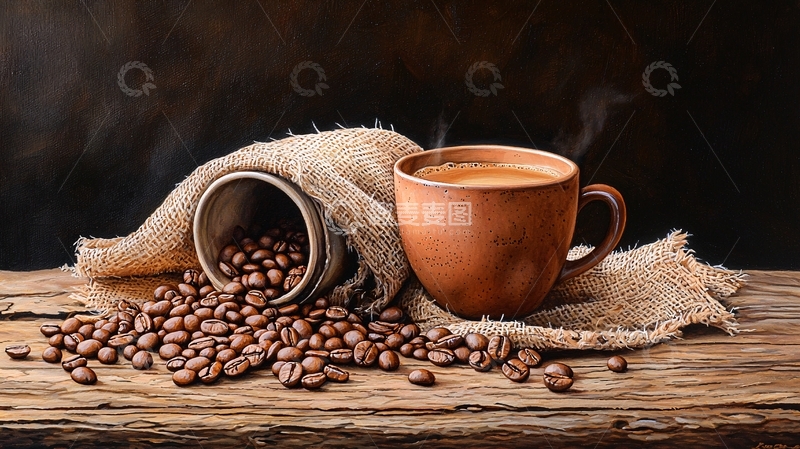 高清大图下载【趣麦麦图】热咖啡与咖啡豆的静物特写