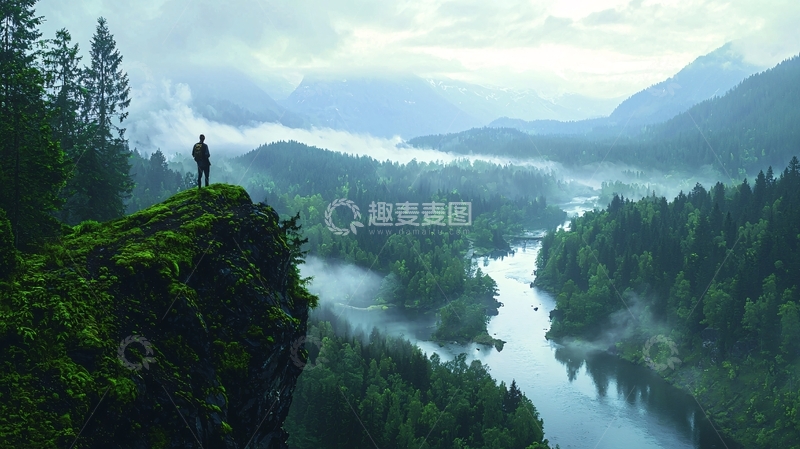 高清大图下载【趣麦麦图】山巅眺望河流的男人