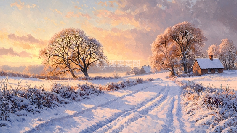 高清大图下载【趣麦麦图】雪地乡村房屋日出