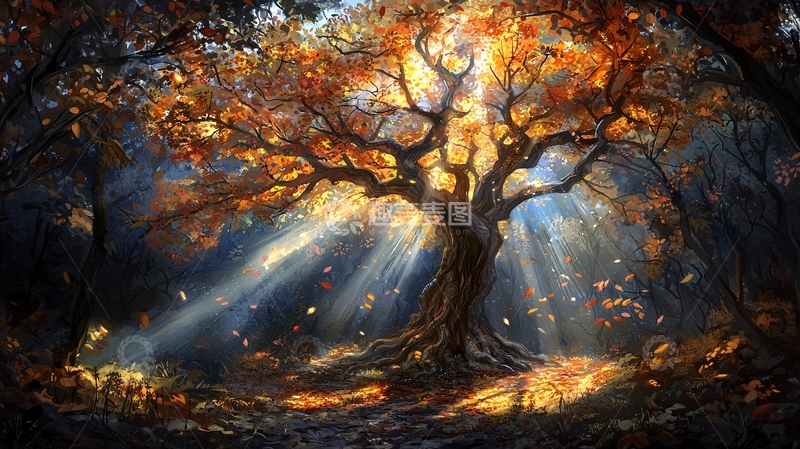 高清大图下载【趣麦麦图】光线穿过秋叶的树