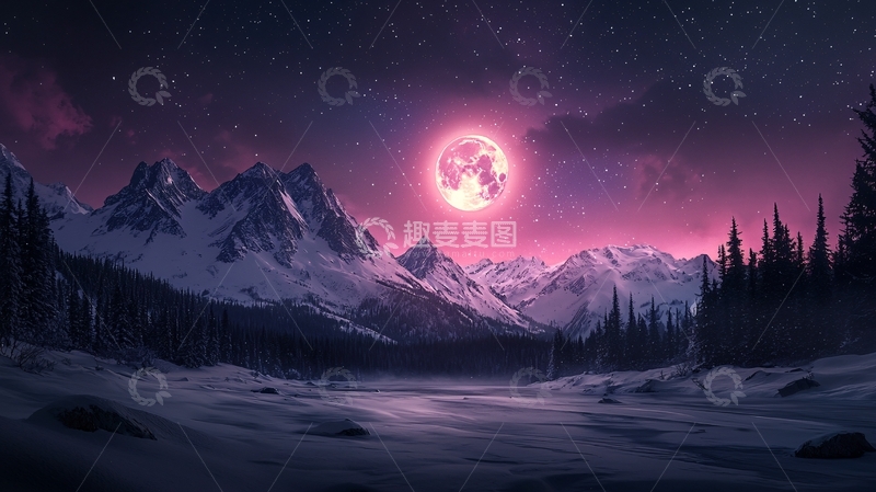 高清大图下载【趣麦麦图】紫色星空下的雪山月夜