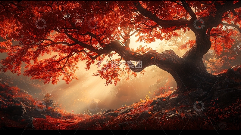 高清大图下载【趣麦麦图】红叶大树充满神秘感