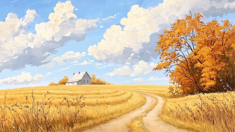 高清大图下载【趣麦麦图】金色麦田小屋蓝天