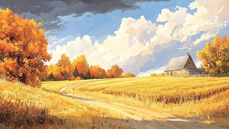 高清大图下载【趣麦麦图】金秋田野的农舍风景