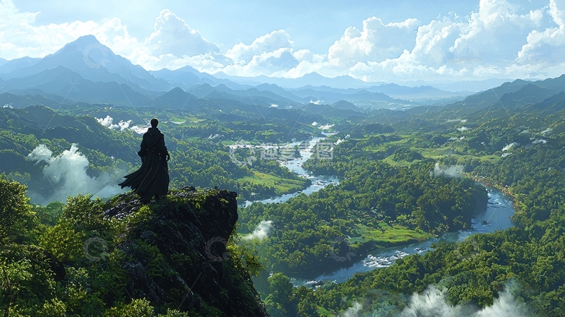 高清大图下载【趣麦麦图】站在山顶俯瞰绿色山谷的人