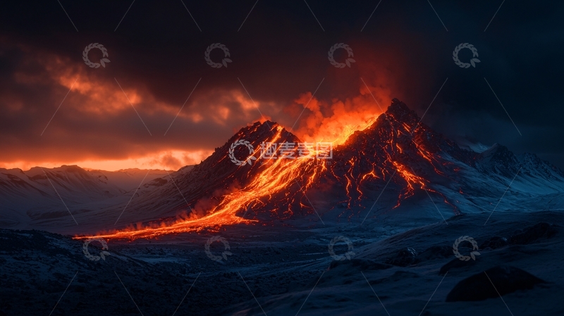 高清大图下载【趣麦麦图】火山喷发岩浆流淌
