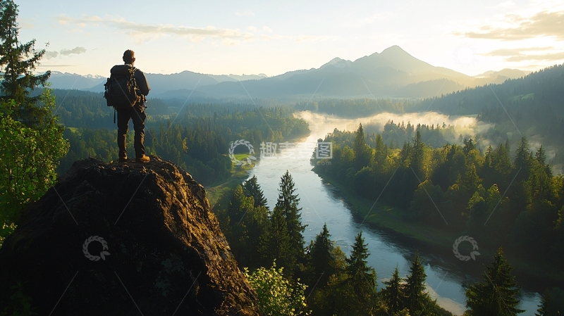 高清大图下载【趣麦麦图】旅行者站在山顶俯瞰河流