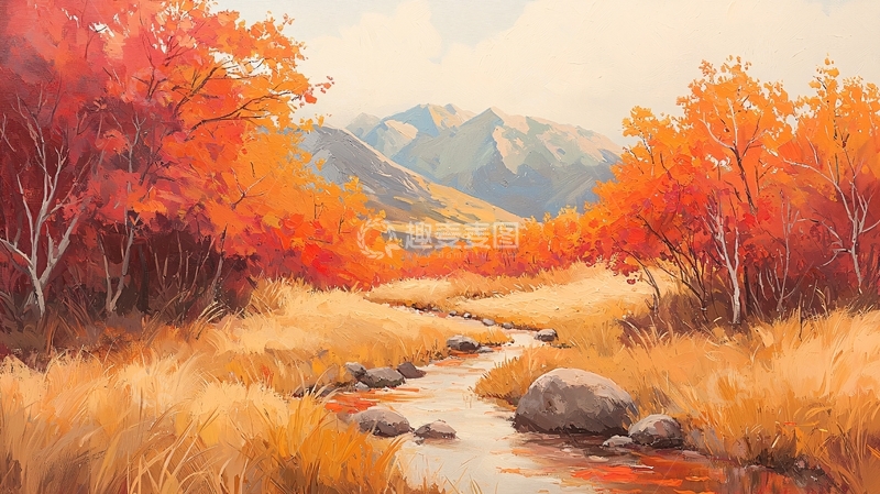 高清大图下载【趣麦麦图】秋日橙色树林小溪