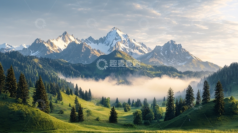 高清大图下载【趣麦麦图】雪山下的森林和草地