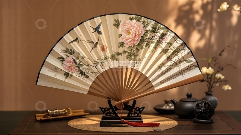 高清大图下载【趣麦麦图】中式折扇牡丹飞燕传统文化图