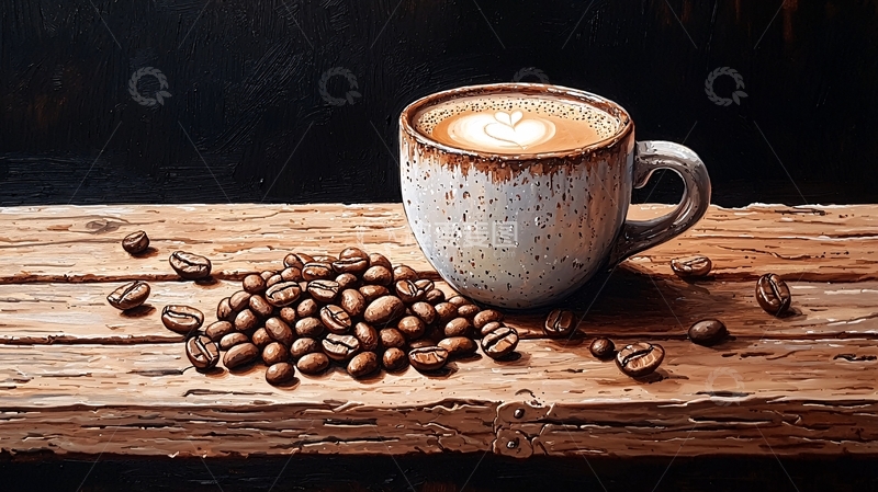 高清大图下载【趣麦麦图】咖啡拉花木桌咖啡豆