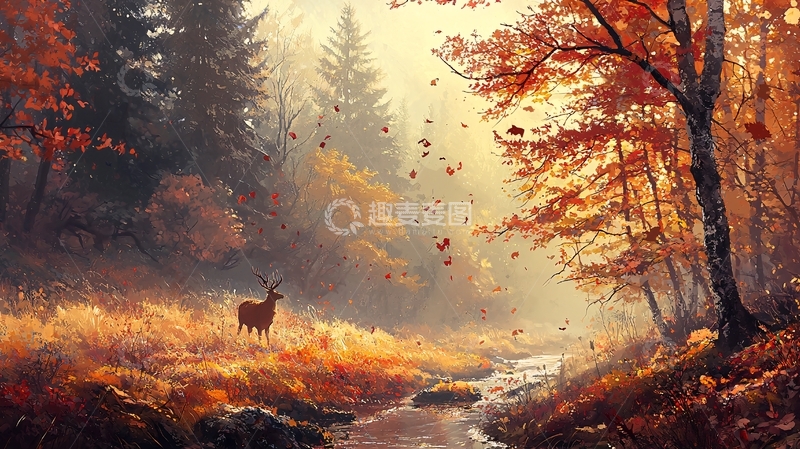 高清大图下载【趣麦麦图】秋日森林中的宁静鹿影