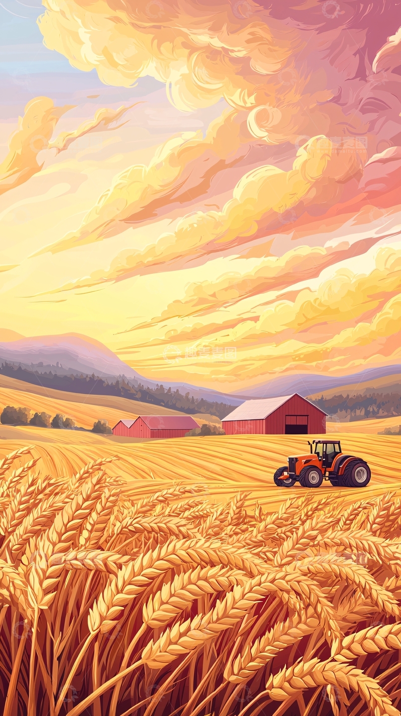 高清大图下载【趣麦麦图】金色麦田下的乡村景色