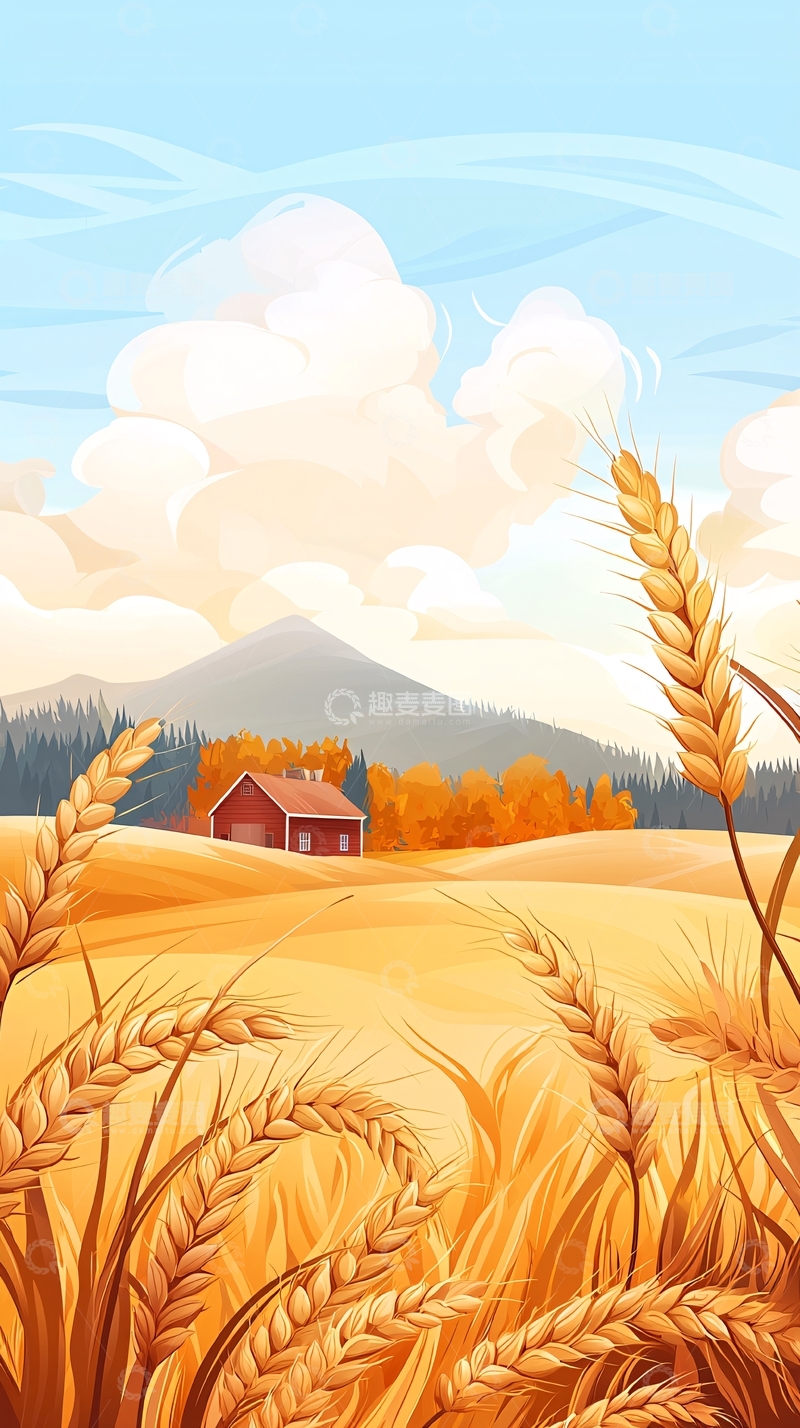 高清大图下载【趣麦麦图】金色麦田中的红色农舍