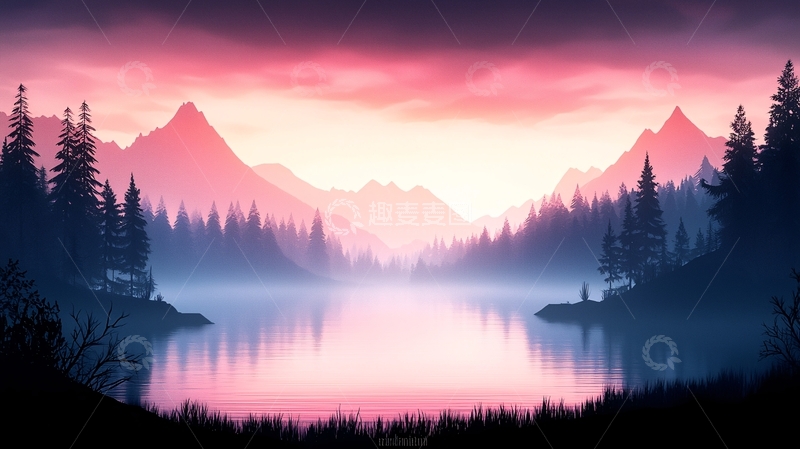 高清大图下载【趣麦麦图】湖面平静的山景