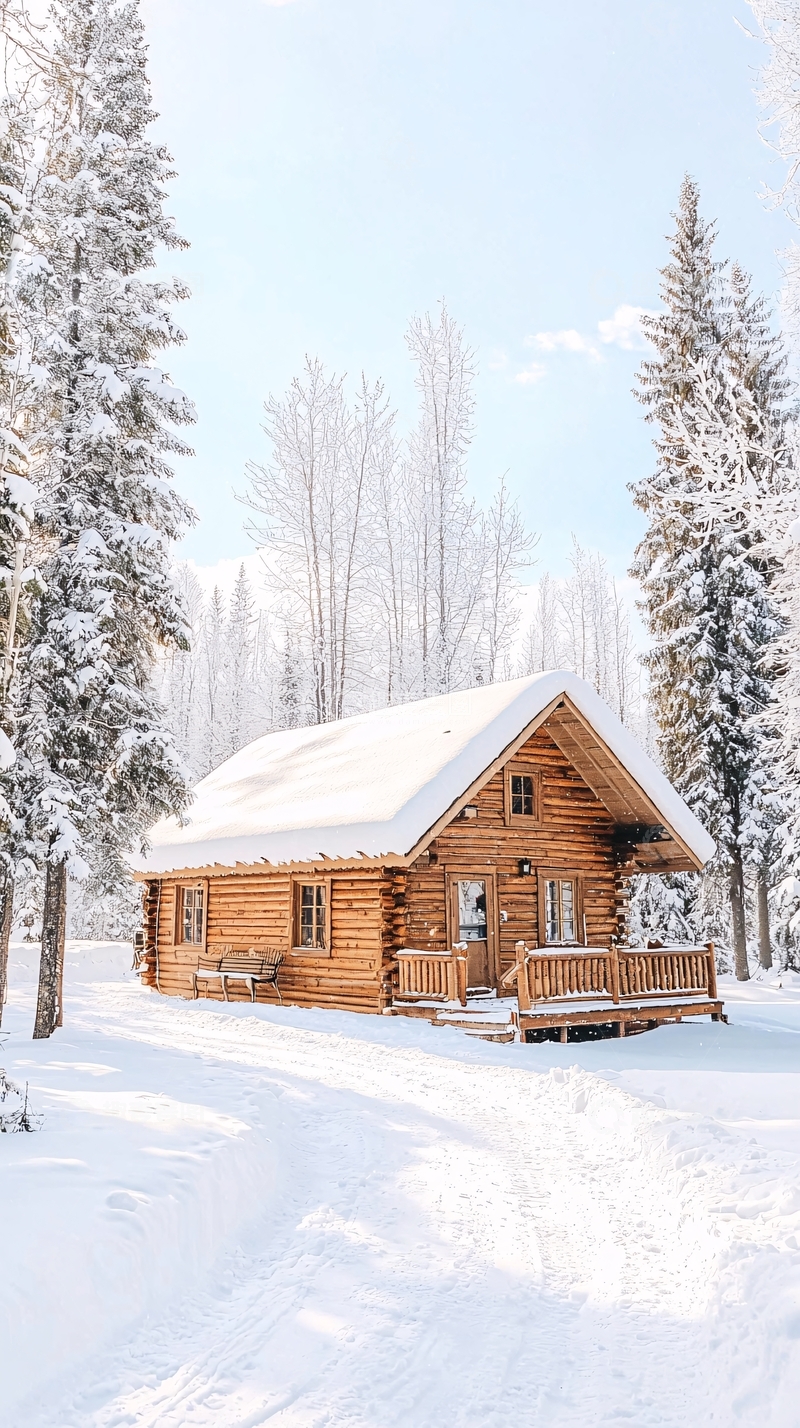 高清大图下载【趣麦麦图】雪中林间木屋