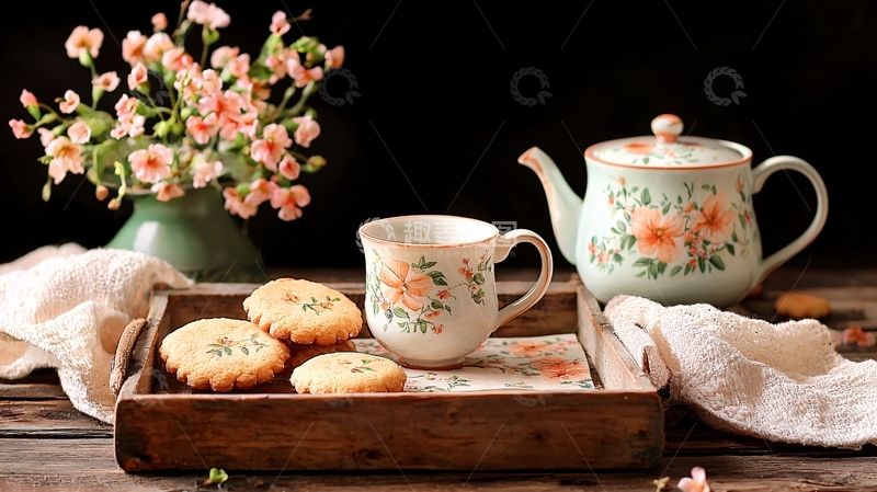 高清大图下载【趣麦麦图】精致茶点与花卉的静物