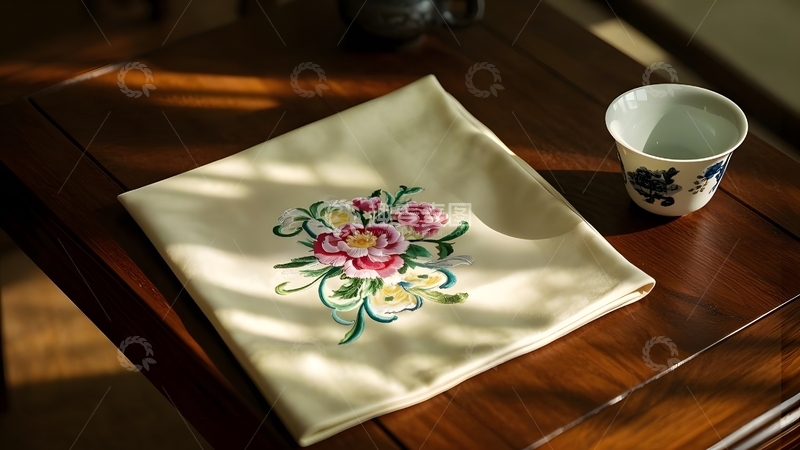 高清大图下载【趣麦麦图】中式丝绸方巾花卉刺绣文化图